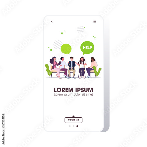 female psychologist talking with patients group during psychotherapy session treatment of stress addictions and mental problems concept smartphone screen full length vector illustration