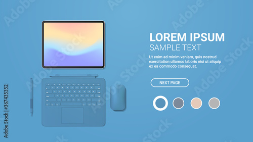 modern tablet computer with keyboard mouse pen and colored screen realistic mockup gadgets and devices concept horizontal copy space vector illustration