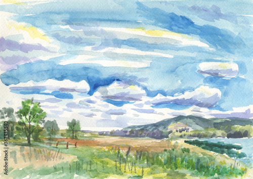meadows and sky summer watercolor landscape