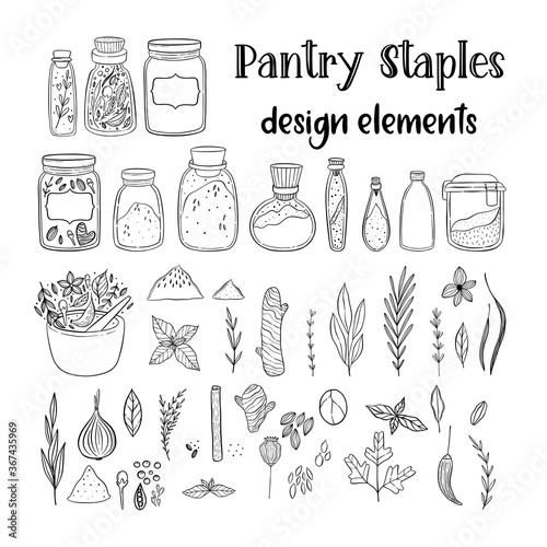Illustration of a pantry staple objects. Spices and herbs. Spices and grains in a jars.