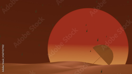 An umbrella silhouette laid down on dune with sunset in background(3D Rendering)