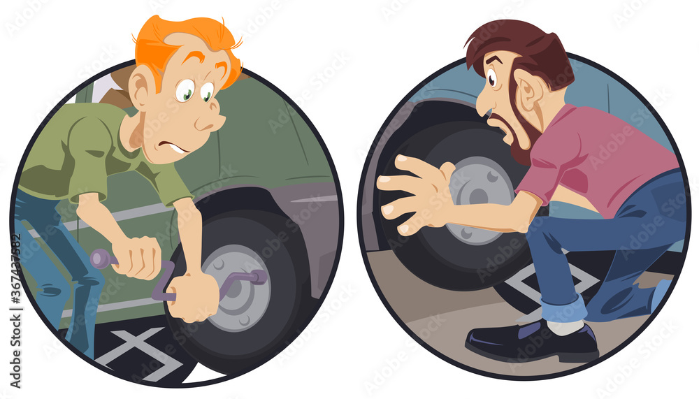 Car tire service. Auto mechanic is replacementing rim. Stock illustration
