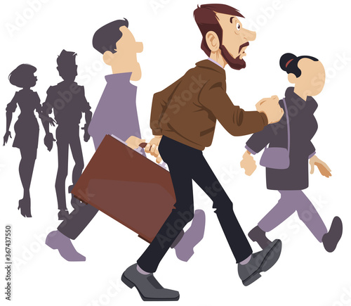 Cartoon business people walking to work. Funny people