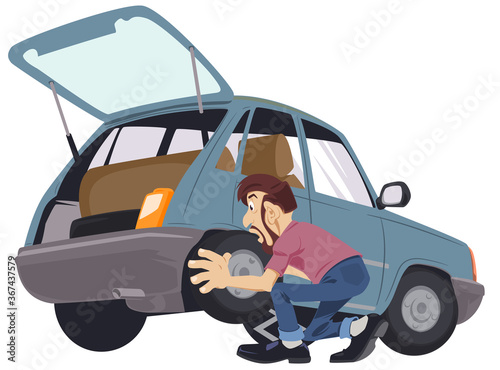 Car tire service. Auto mechanic is replacementing rim. Stock illustration