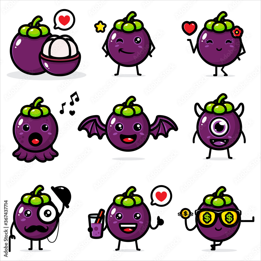 Obraz premium Vector design of a cute mangosteen fruit set