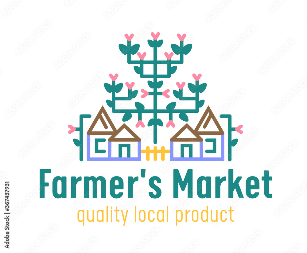 Farm or Farmer Market Banner with Country Cottages and Blooming Plant. Ecological Natural Organic Production Ad Poster