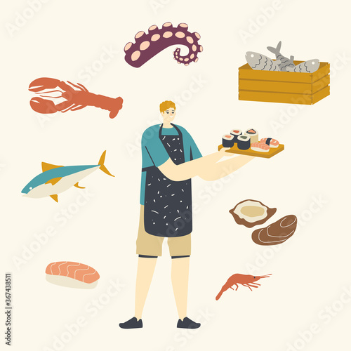 Male Character Cooking Japan Food Seafood Presenting Sushi and Rolls. Sea Products, Man in Apron Preparing Asian Cuisine