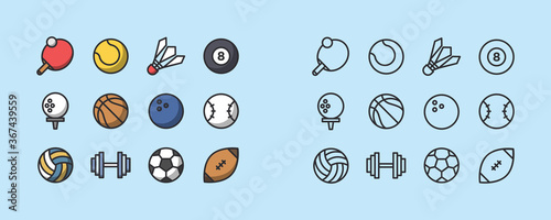Sports icons set. Set of icon with kind of sports. Pool, tennis, snooker, golf, regby, football, bowling, baseball