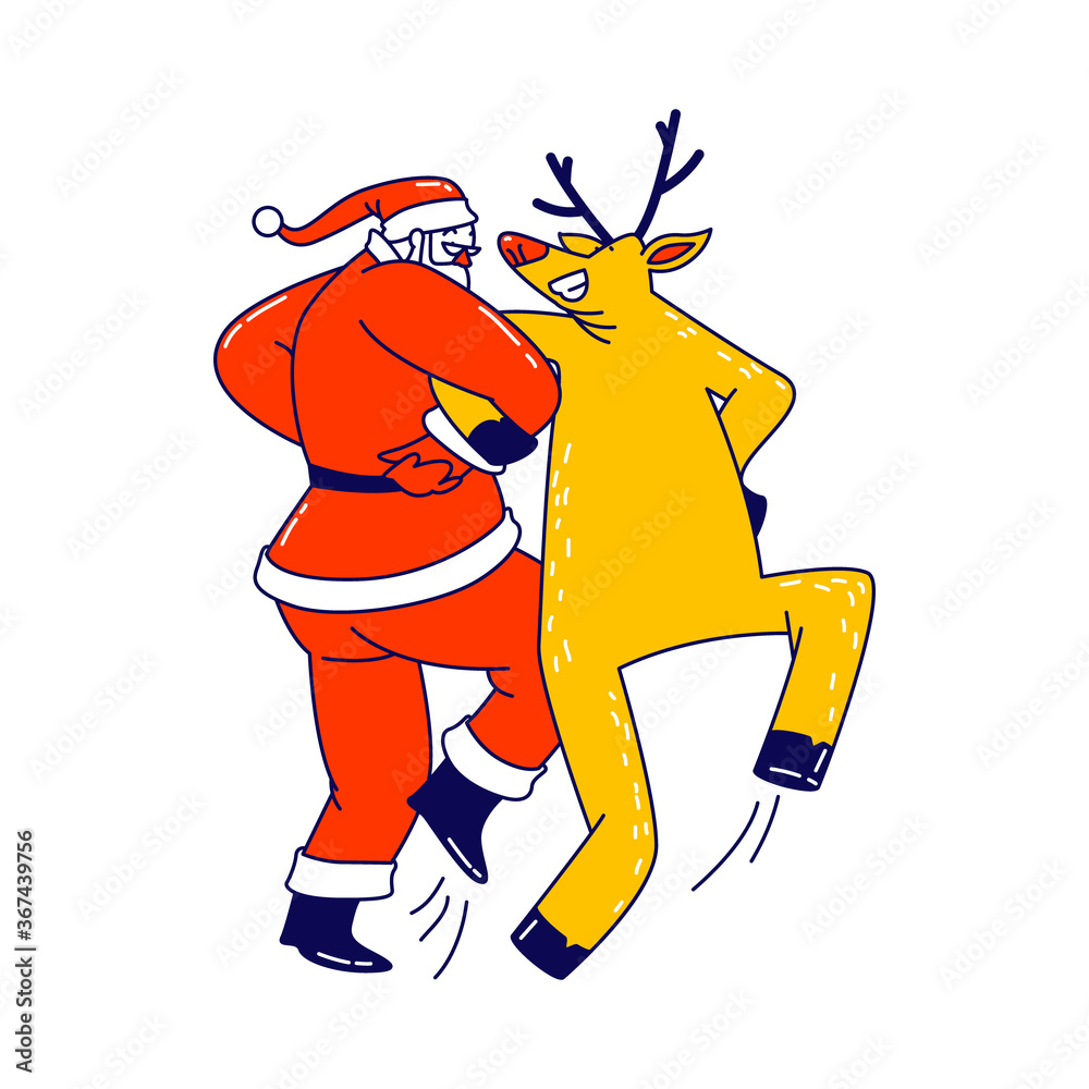 Santa Claus and Reindeer Dancing Holding Hands. Christmas Character in Red Traditional Costume Perform Dance at Party Santa Claus and Reindeer Dancing Holding Hands. Christmas Character in Red Traditional Costume Perform Dance at Party