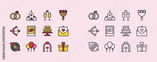 Fototapeta Naklejka Na Ścianę i Meble -  Simple Set of Love Related Vector Flat Icons. Contains such Icons as Romantic Letter, Wedding Rings, Gift, Gift and more. Editable Stroke. 