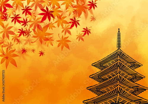 秋の紅葉と五重塔の背景素材