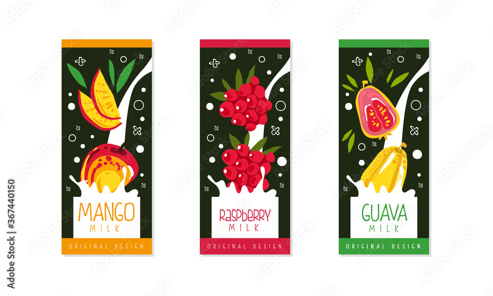 Fruit and Berries Milk Packaging Label Design Set, Mango, Raspberry, Guava Natural Organic Fresh Healthy Dairy Product Cartoon Style Vector Illustration