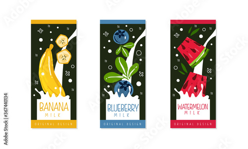 Fruit and Berries Milk Packaging Label Design Set, Banana, Blueberry, Watermelon Natural Organic Fresh Healthy Dairy Product Cartoon Style Vector Illustration