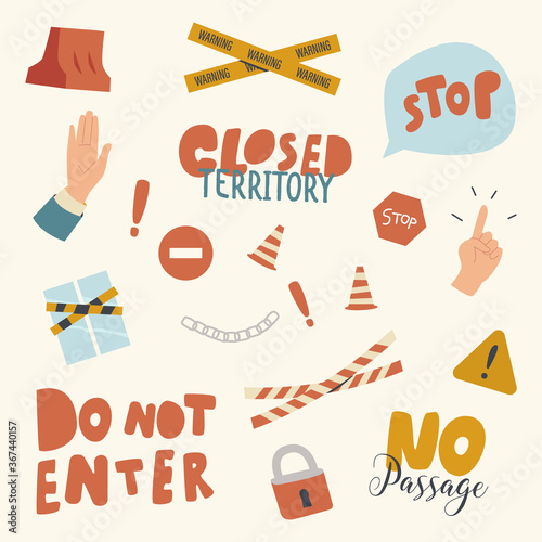 Icons Set, Closed Territory Themed Background with Yellow Tape, Warning Signs and Gesturing Palm Show Stop Symbol, Lock