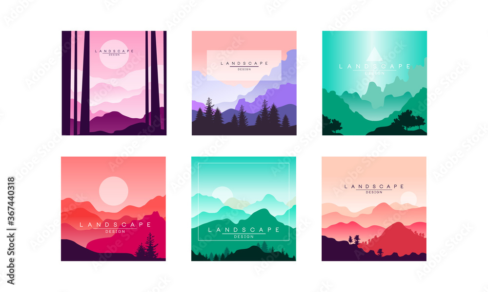 Beautiful Mountain Landscape in Different Times of Day Set, Summer Nature Scenery for Poster, Banner, Flyer or Cover Vector Illustration