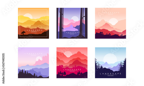 Mountain Landscape in Different Times of Day Set, Beautiful Nature Scenery for Poster, Banner, Flyer or Cover Vector Illustration