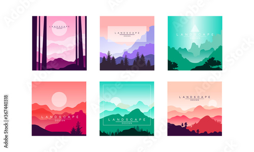 Beautiful Mountain Landscape in Different Times of Day Set, Summer Nature Scenery for Poster, Banner, Flyer or Cover Vector Illustration