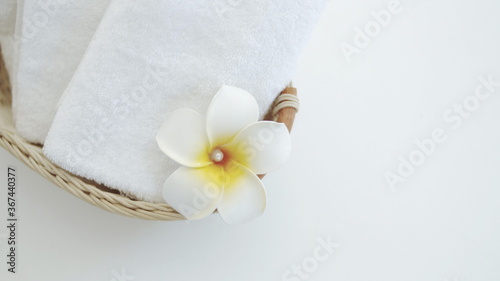 Beautiful spa composition on massage table   spa relax concept  copy space  beautiful spa set on wood table