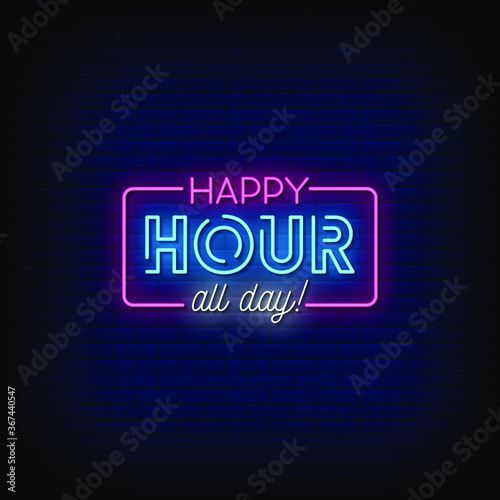 Happy Hour All Day Neon Signs Style Text Vector