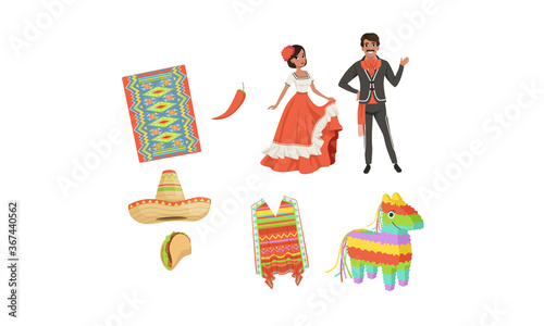 Set of Mexico Latin America Symbols, Hispanic Man and Woman in Traditional Costumes, Cinco de Mayo Design Elements Cartoon Style Vector Illustration photo