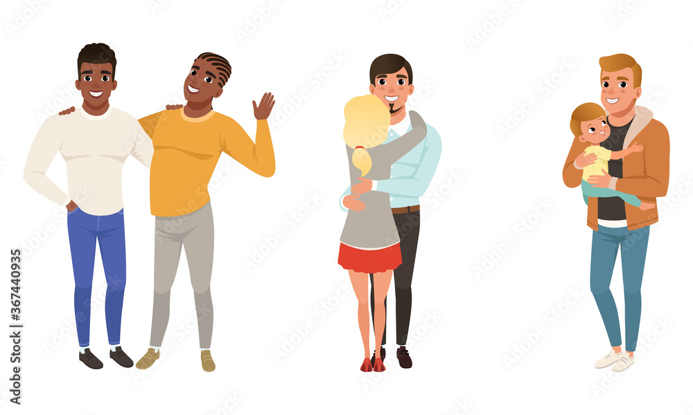 Fototapeta premium Set of Different Families with Kids, Happy Homosexual and Traditional Couples, Single Father with Son Cartoon Style Vector Illustration