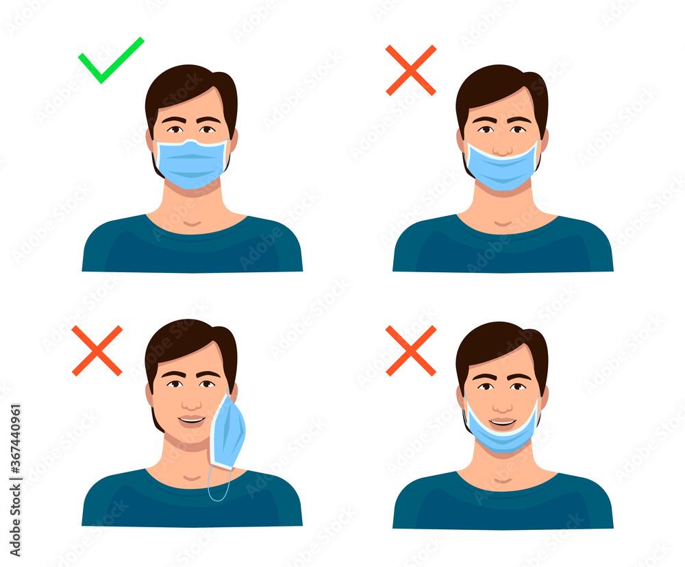 Information on how to wear the mask correctly. A man with a surgical ...