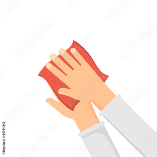 Disinfection concept. Hands and wet wipe. Vector illustration.
