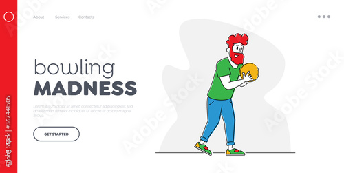 Male Character Spend Time Playing Bowling,Landing Page Template. Man Holding Ball Prepare to Throw Hit Pins, Leisure