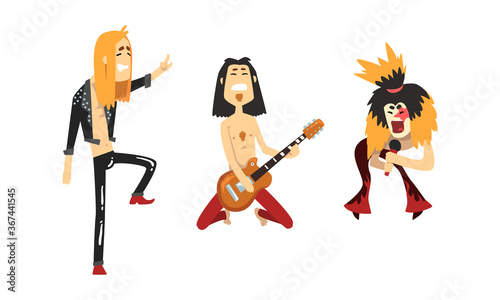 Funny Rock Musicians Characters Set, Heavy Metal Band Members Playing Guitar and Singing Cartoon Style Vector Illustration