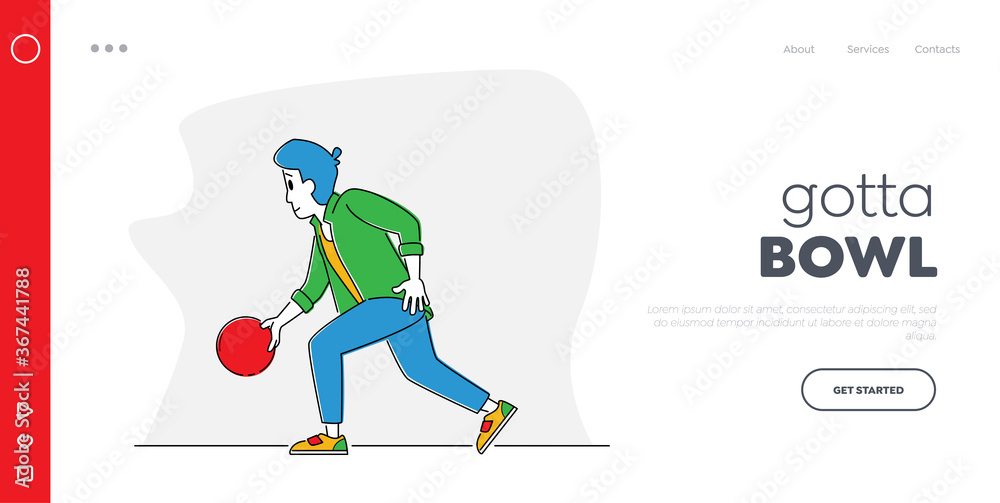 Man Player Throw Ball on Lane Hit Pins Landing Page Template. Bowler Male Character Spend Time Playing in Bowling Club