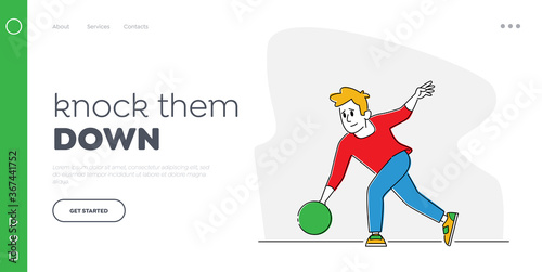 Active Lifestyle, Hobby Recreation Landing Page Template. Male Bowler in Casual Clothing Throw Ball in Bowling Alley