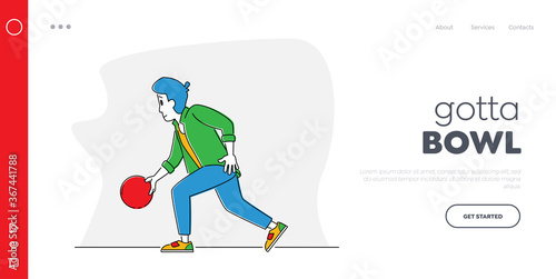 Man Player Throw Ball on Lane Hit Pins Landing Page Template. Bowler Male Character Spend Time Playing in Bowling Club