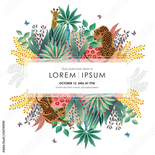 Vector illustration frame of Exotic Jungle with tropical flowers and animals. Design for banner, poster, card, invitation and scrapbook 