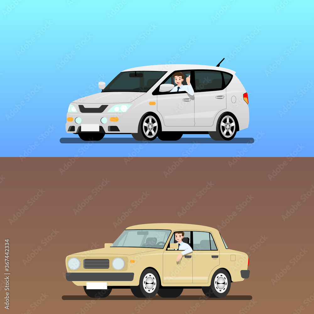 Businessman driving car to work with different emotion but It's easy and fast than walk. Business people drive a various vehicle. Isolated vector illustration design.