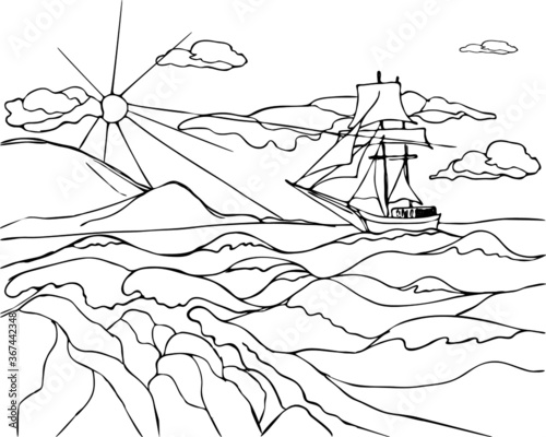 sea, waves, stones, the ship sails, the sun is shining