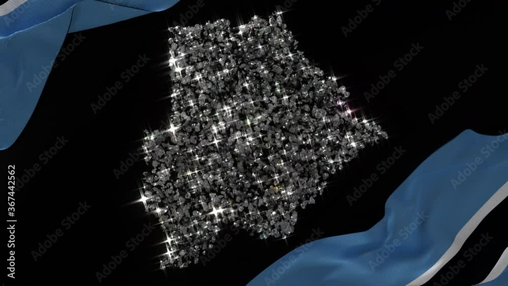 Botswana rough diamonds shaped like the map of Botswana twinkling  in between two flags with a black background
