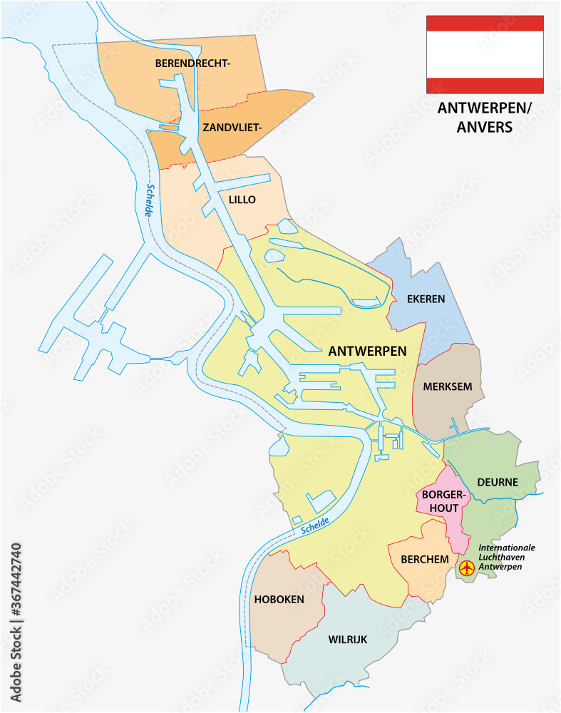 Administrative vector map of the Belgian city Antwerp with flag