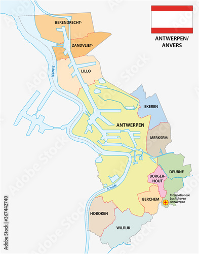 Administrative vector map of the Belgian city Antwerp with flag