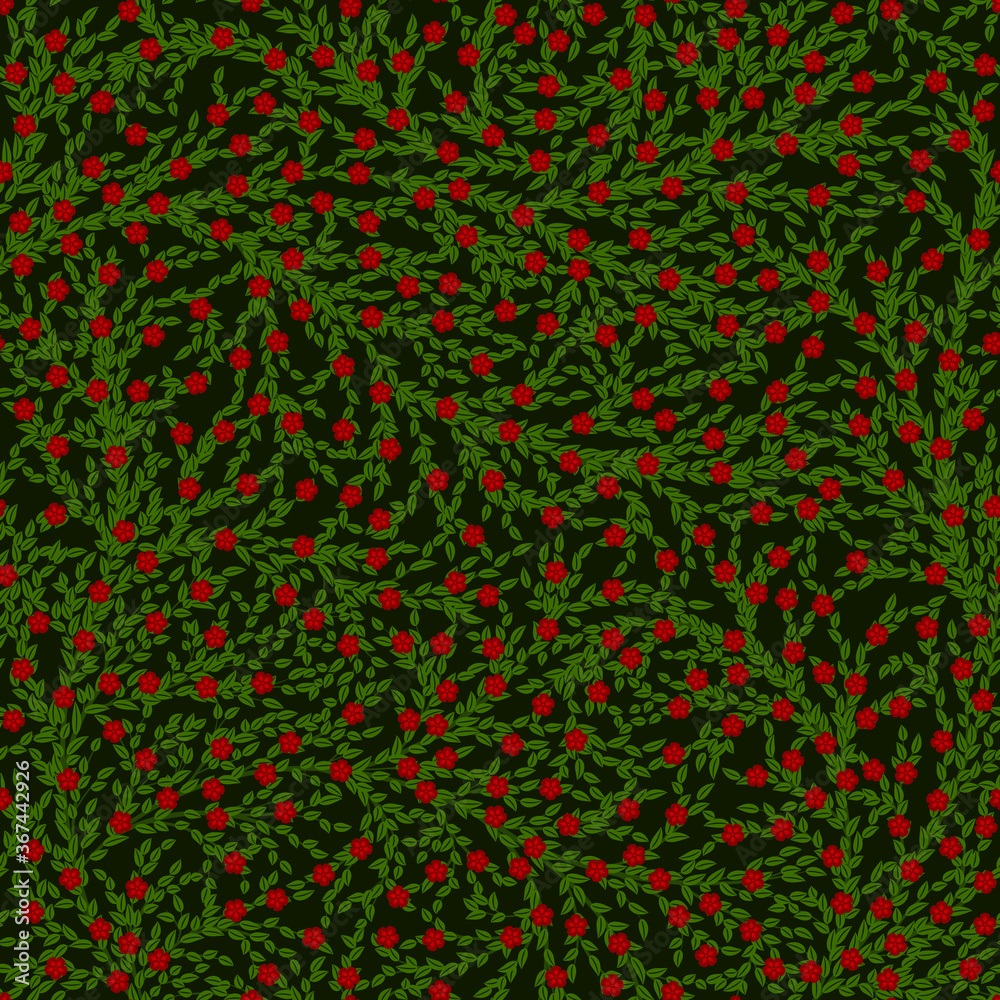 small green leaves and red flowers on branches. floral seamless pattern. vector bushes. dark repetitive background. textile fabric swatch. wrapping paper. continuous print. home decor design element