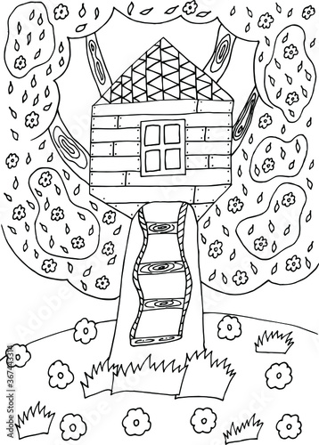 coloring antistress tree house with a ladder in a clearing