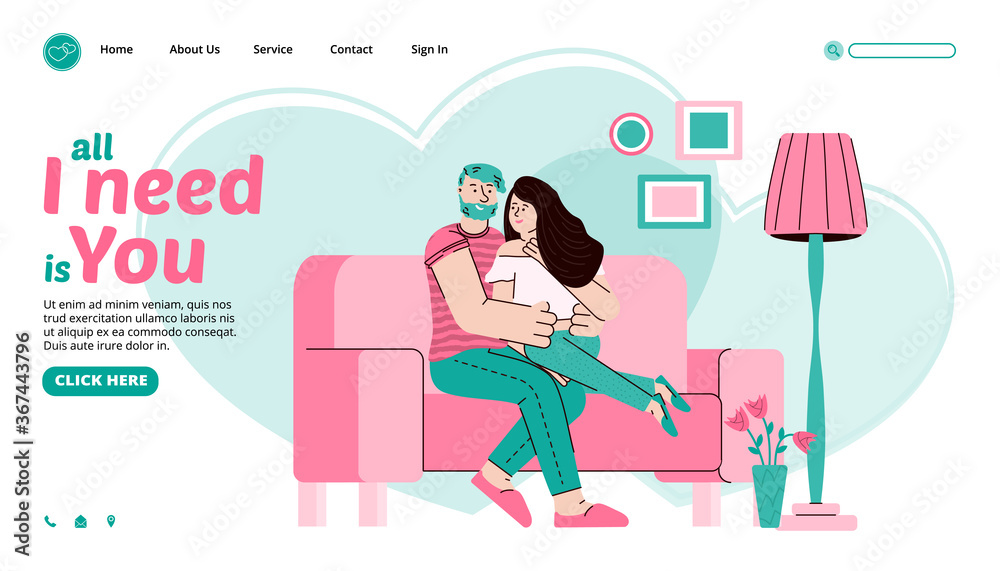 Online dating to build relationships service website design with cartoon embracing couple at home, flat vector illustration. Landing page for virtual love communication.