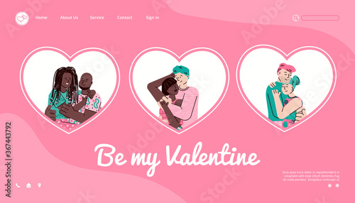 Web site for Saint Valentines day events promotion with hugging loving couples, cartoon vector illustration on pink background. Virtual dating and online communication.
