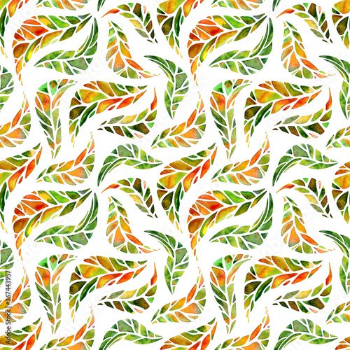 Vibrant watercolor autumn leaves artistic seamless pattern.