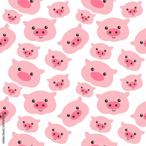 Fototapeta Naklejka Na Ścianę i Meble -  Vector seamless pattern, pink cute pigs on a white background.
