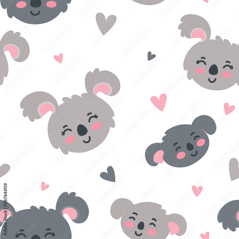 Seamless pattern with koala heads on white background. Happy koalas parents and children. Flat vector illustration
