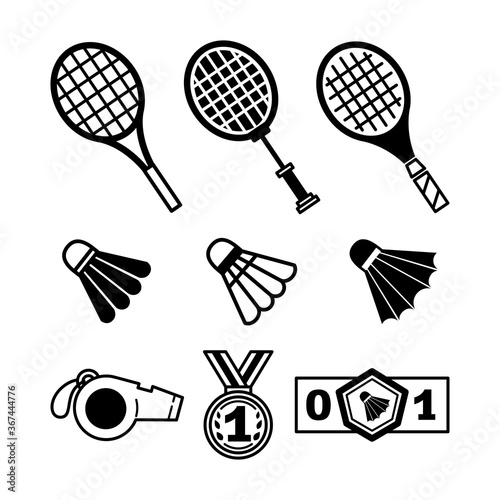 Set of badminton elements: shuttlecock, racket, medal, whistle. Bundle of vector flat line icons isolated on white background. Sports logo concept. Design template for website, mobile application.