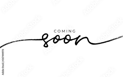 Coming soon ink brush vector lettering. Promotion or announcement banner. Modern vector calligraphy. Black paint lettering isolated on white background. Design text element, web banner, print. photo