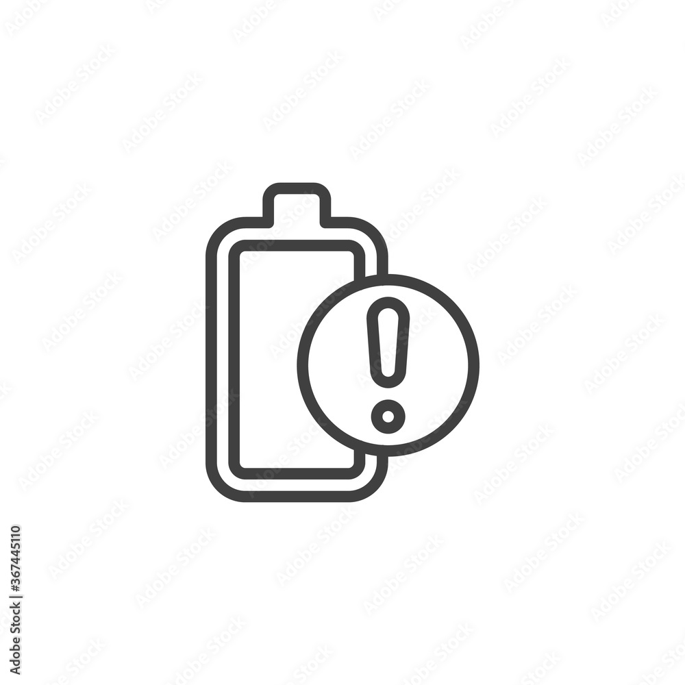 Battery and exclamation mark line icon. linear style sign for mobile concept and web design. Battery alert notification outline vector icon. Symbol, logo illustration. Vector graphics Battery and exclamation mark line icon. linear style sign for mobile concept and web design. Battery alert notification outline vector icon. Symbol, logo illustration. Vector graphics
