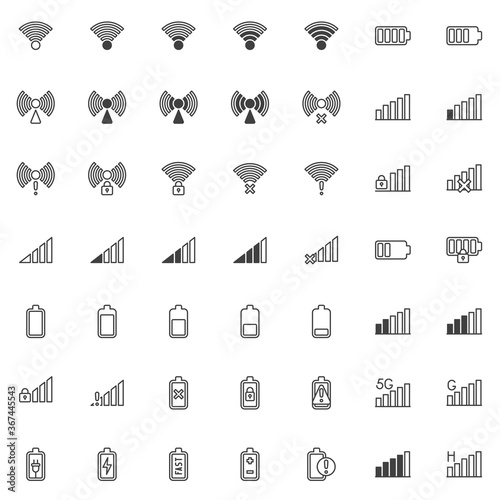 Mobile phone signal line icons set. linear style symbols collection, outline signs pack. vector graphics. Set includes icons as wifi signal strength, battery charge level, wireless network connection
