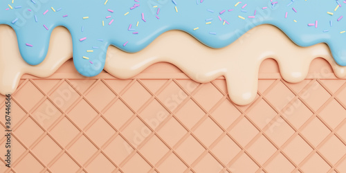 Mint and Vanilla Ice Cream Melted with Sprinkles on Wafer banner Background with copy space.,3d model and illustration.